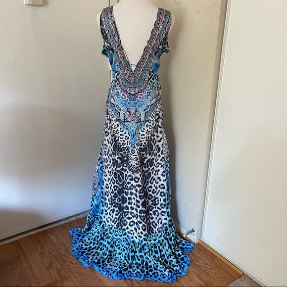 True Colours La Moda Blue Cat Hi Low Frill Maxi Cover Up Dress - Picture 3 of 11